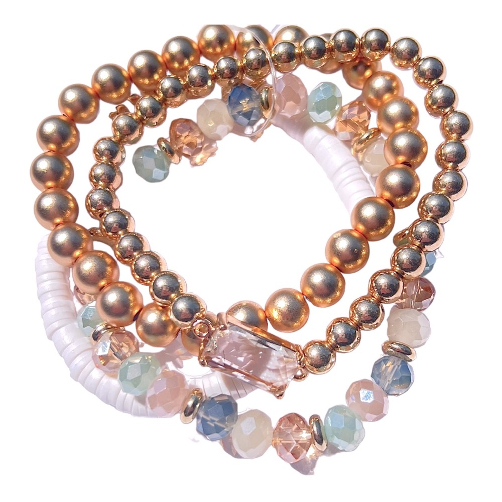101. Women’s Pastel Multi & Gold Puka 4-Strand Stetchy Bracelet Set NWT